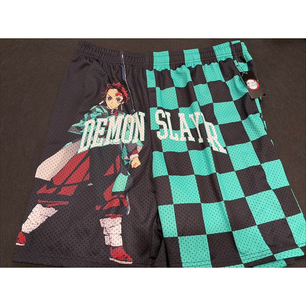 Rare New Demon Slayer Tanjiro Basketball Gym Shorts Sz Large Black Green Inosuke